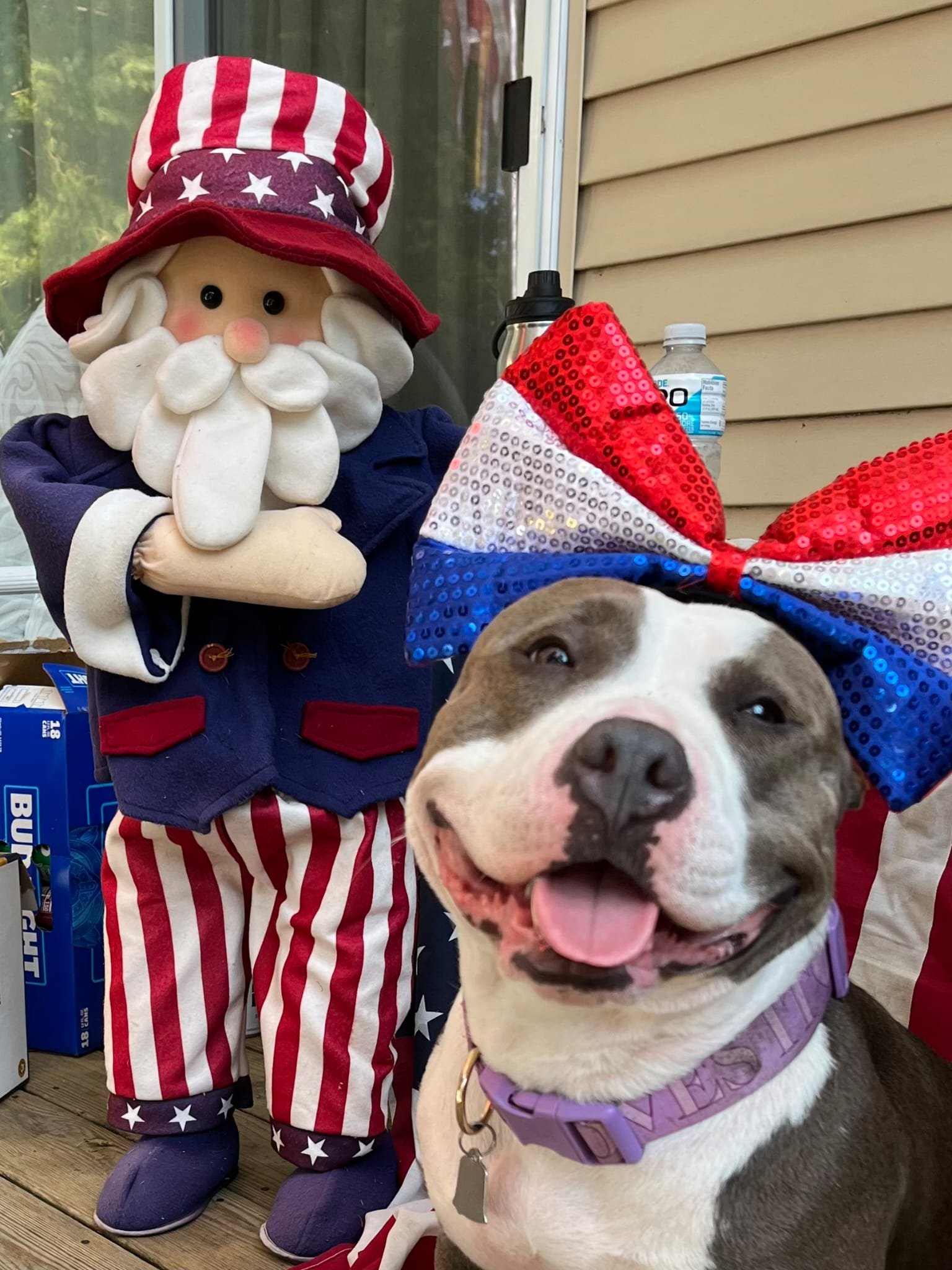 Lucy, mascot of Hands For Honduras, Inc. and Caribbean Cleanup, in her bow beside Uncle Sam