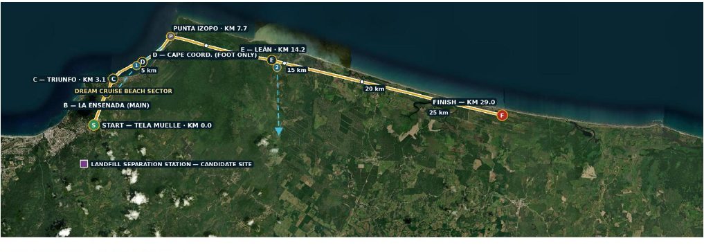 Map of the 29-kilometer line from Tela muelle KM 0 to Río Leán mouth KM 29.0